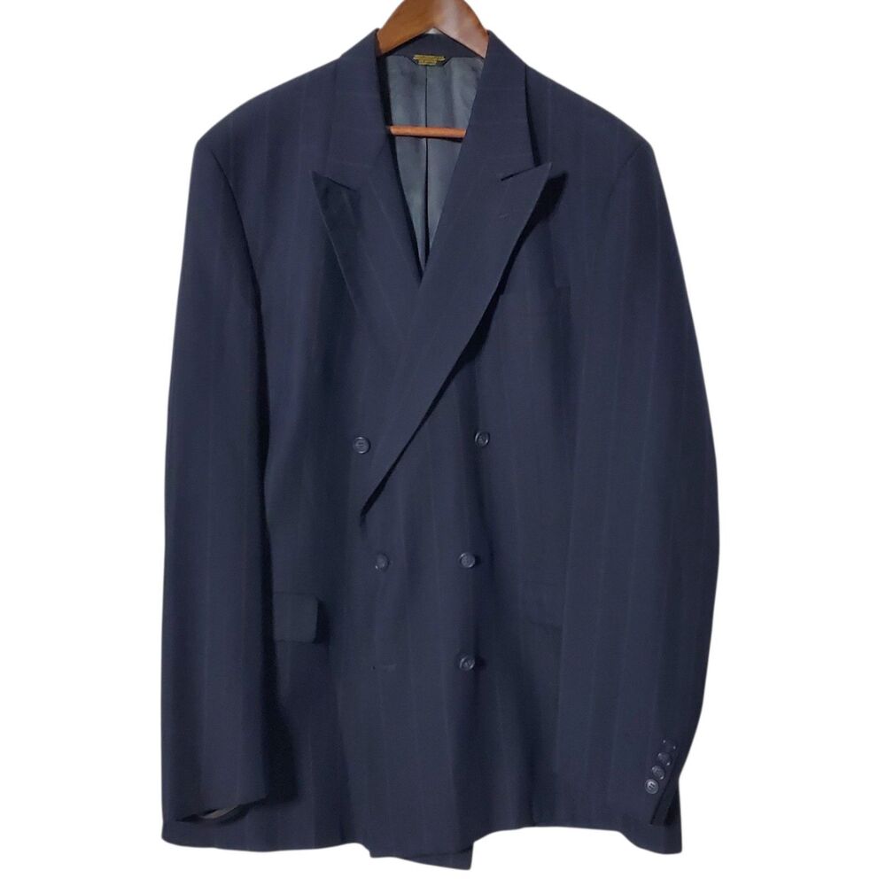 Vtg Hunter Haig Double Breasted Blazer Peak Lapel Size 46R Blue Pinstripe Mens